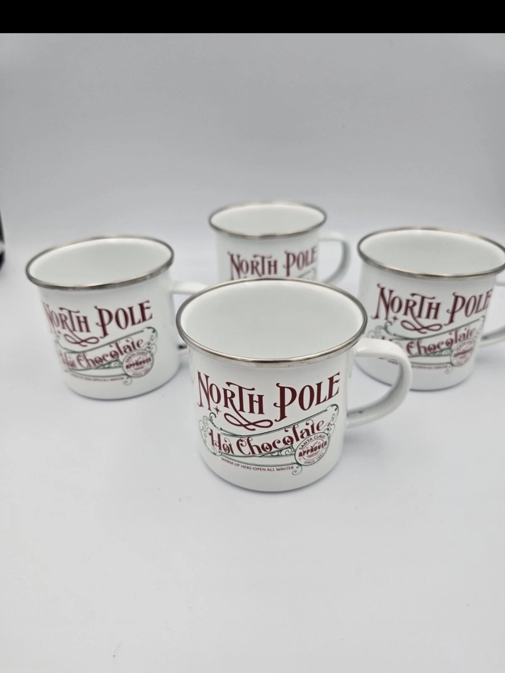 North Pole Hot Chocolate Holiday White Ceramic Mug with Red Lettering - Set of 4